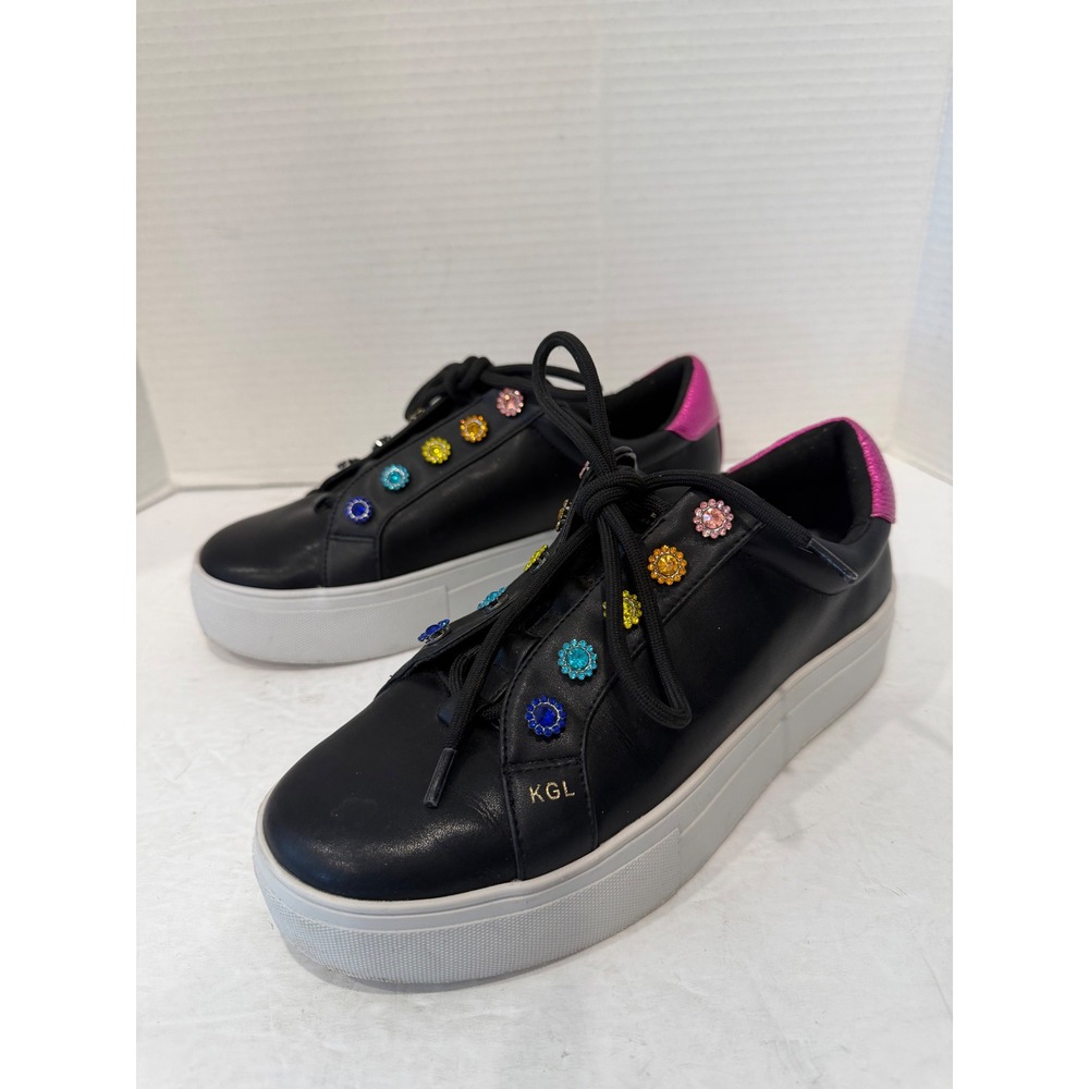 Kurt Geiger Liviah Black Leather Blend Rainbow Crystal Low Top Lace Sneakers 7.